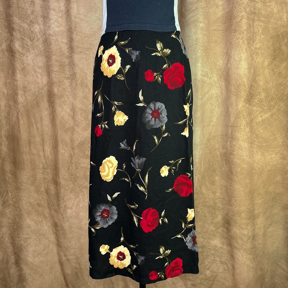 Vintage Floral Maxi Skirt 90s Black Multicolor Flower Pattern Whimsigoth Witchy
